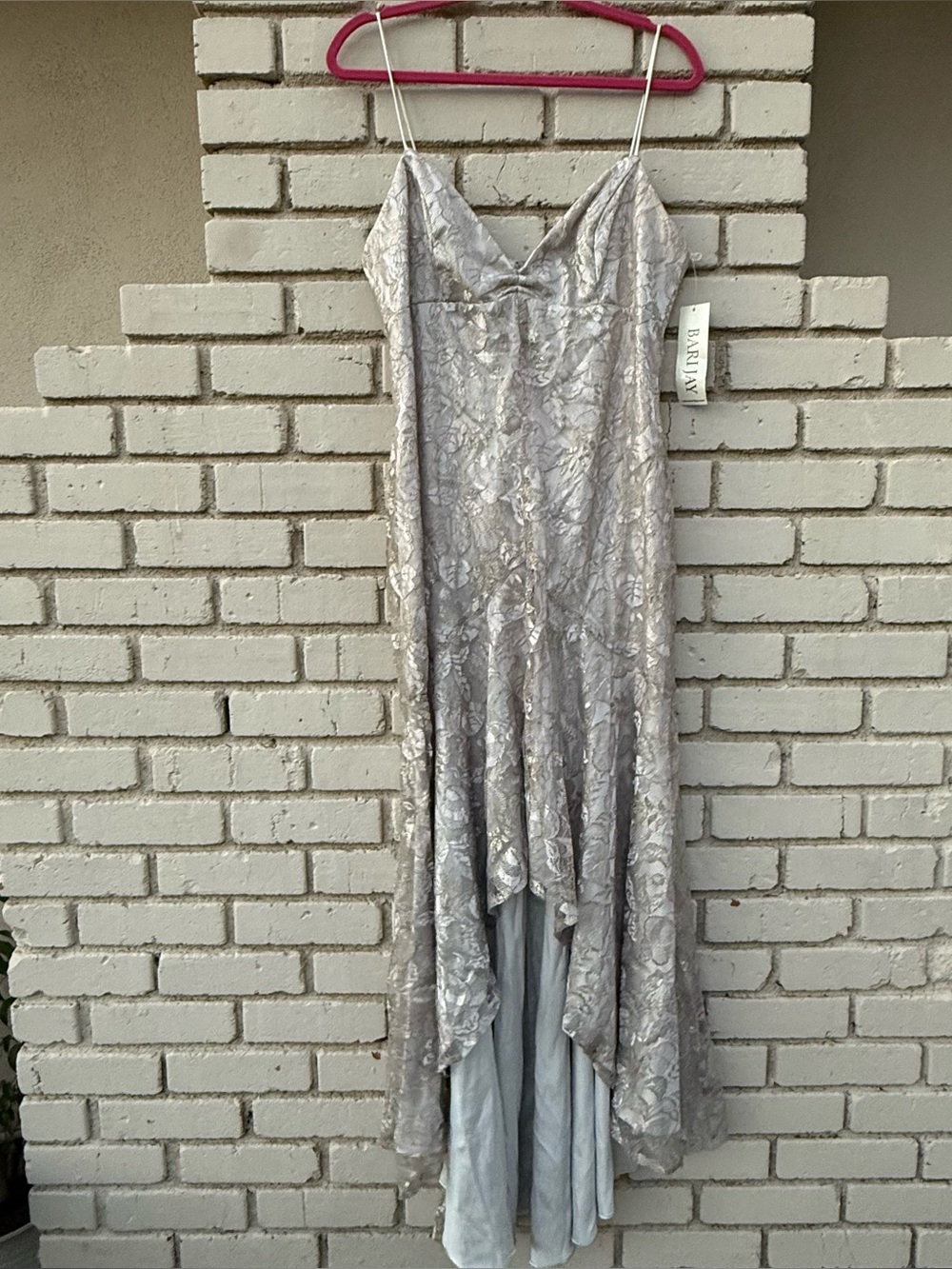 NWT Barijay Lace High-Low Hemline Sweetheart Dress in Silver - Size 15/16